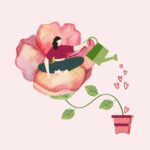 A woman nurturing a rose in a pot with a watering can, symbolizing self-care, growth, and personal impact.